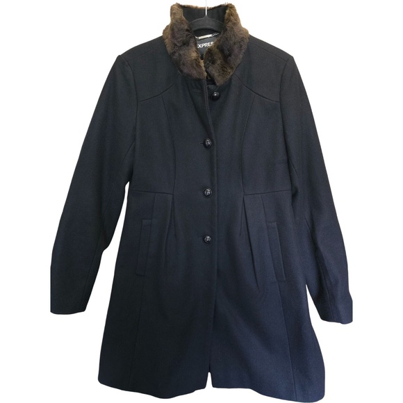 Cotton Express Jackets & Blazers - Express Womens Black Coat With Faux Fur Collar - Size M leopard print lined